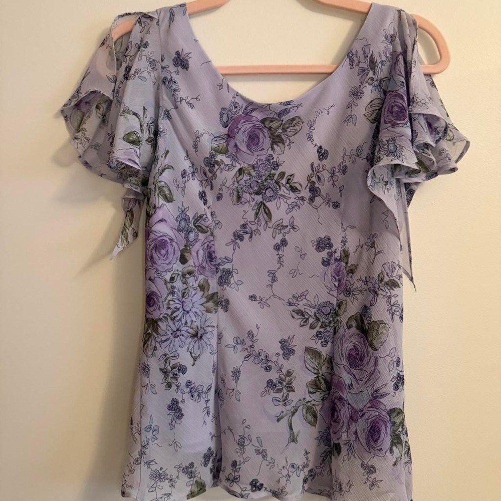 Vintage 90s Lavender Floral Chiffon Blouse Y2K Flutter Sleeve Top Sz Small - Picture 6 of 8